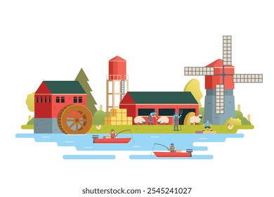 Farm scenery vector illustration on white background. Livestock animal farm landscape with farming elements.