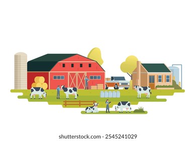 Farm scenery vector illustration on white background. Livestock animal farm landscape with farming elements.