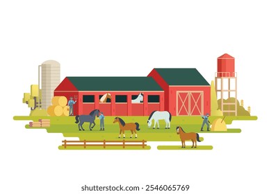 Farm scenery vector illustration on white background. Livestock animal farm landscape with farming elements.