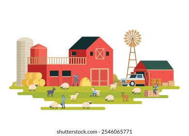 Farm scenery vector illustration on white background. Livestock animal farm landscape with farming elements.