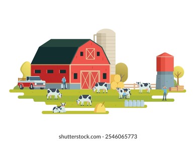 Farm scenery vector illustration on white background. Livestock animal farm landscape with farming elements.