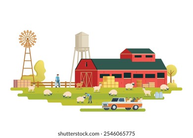 Farm scenery vector illustration on white background. Livestock animal farm landscape with farming elements.