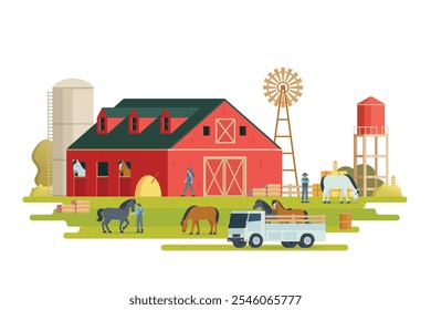 Farm scenery vector illustration on white background. Livestock animal farm landscape with farming elements.