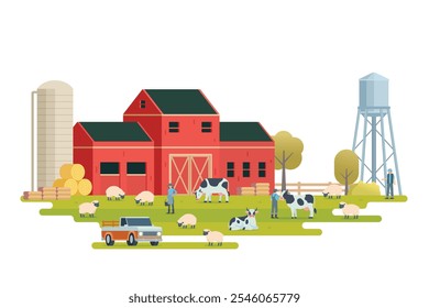 Farm scenery vector illustration on white background. Livestock animal farm landscape with farming elements.