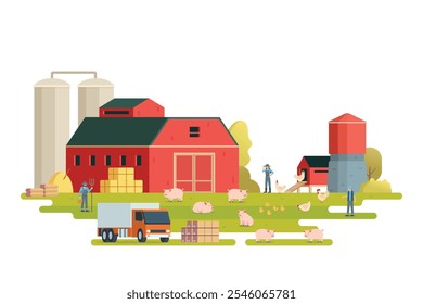 Farm scenery vector illustration on white background. Livestock animal farm landscape with farming elements.