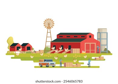 Farm scenery vector illustration on white background. Livestock animal farm landscape with farming elements.