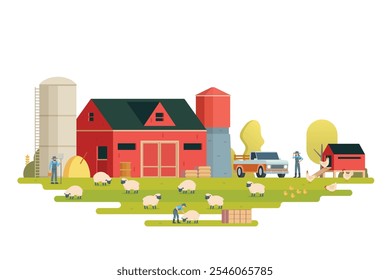 Farm scenery vector illustration on white background. Livestock animal farm landscape with farming elements.