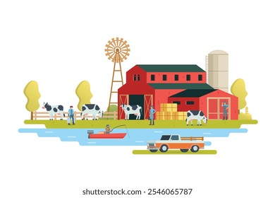 Farm scenery vector illustration on white background. Livestock animal farm landscape with farming elements.