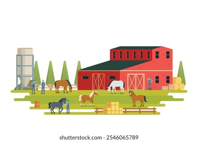 Farm scenery vector illustration on white background. Livestock animal farm landscape with farming elements.