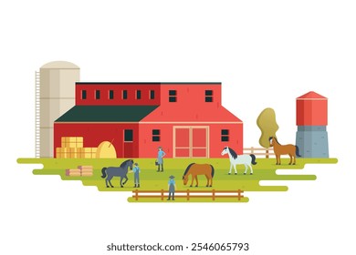 Farm scenery vector illustration on white background. Livestock animal farm landscape with farming elements.