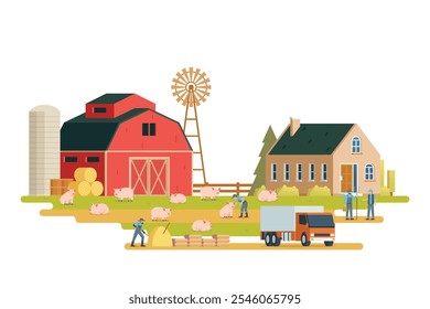 Farm scenery vector illustration on white background. Livestock animal farm landscape with farming elements.