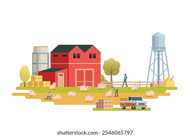 Farm scenery vector illustration on white background. Livestock animal farm landscape with farming elements.