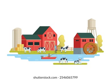 Farm scenery vector illustration on white background. Livestock animal farm landscape with farming elements.