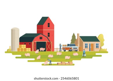 Farm scenery vector illustration on white background. Livestock animal farm landscape with farming elements.