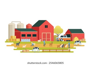 Farm scenery vector illustration on white background. Livestock animal farm landscape with farming elements.