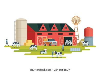 Farm scenery vector illustration on white background. Livestock animal farm landscape with farming elements.