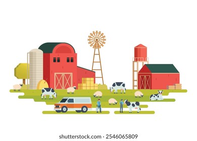 Farm scenery vector illustration on white background. Livestock animal farm landscape with farming elements.