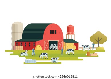 Farm scenery vector illustration on white background. Livestock animal farm landscape with farming elements.