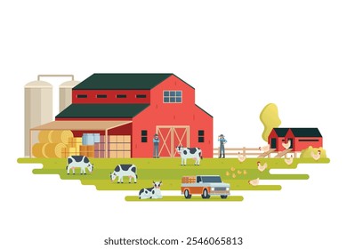 Farm scenery vector illustration on white background. Livestock animal farm landscape with farming elements.