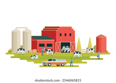 Farm scenery vector illustration on white background. Livestock animal farm landscape with farming elements.