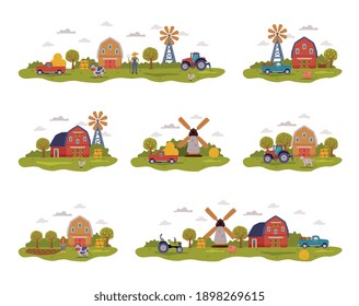 Farm Scenes Collection, Farm Buildings, Farmers, Agricultural Transport and Livestock, Summer Rural Landscape, Agriculture and Farming Concept Cartoon Style Vector Illustration