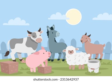 Farm scenes, cow, pig, goat, sheep, donkey countryside vector concept