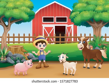 Farm scenes with different animals and farmers in the farmyard