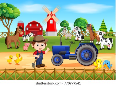 Farm scenes with many animals and farmers