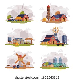 Farm Scenes Set, Autumn Rural Landscape, Agriculture and Farming Concept Cartoon Vector Illustration