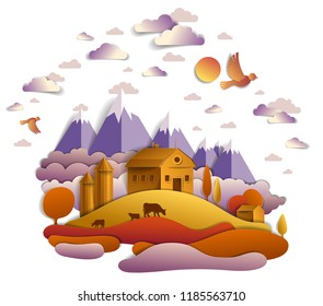 Farm in scenic autumn landscape of fields and trees, mountains peaks and country buildings, birds and clouds in sky, cow milk ranch, countryside fall time vector illustration in paper cut style.