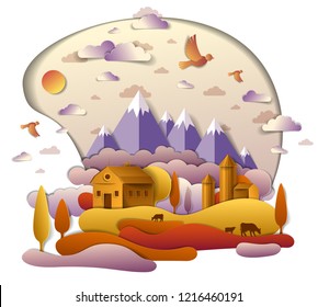 Farm in scenic autumn landscape of fields and trees, mountains peaks and country buildings, birds and clouds in sky, cow milk ranch, countryside fall time vector illustration in paper cut style.