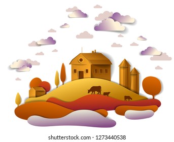 Farm in scenic autumn landscape of fields and trees and wooden country buildings, clouds in the sky, cow milk ranch, countryside fall time vector illustration in paper cut style.  