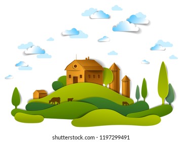 Farm in scenic landscape of fields and trees and wooden country buildings, clouds in the sky, cow milk ranch, countryside lazy summer time vector illustration in paper cut style.  
