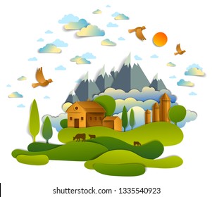 Farm in scenic landscape of fields and trees, mountains peaks and country buildings, birds and clouds in sky, cow milk ranch, countryside lazy summer time vector illustration in paper cut style.