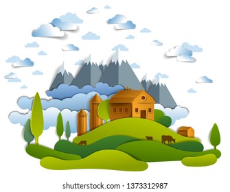 Farm in scenic landscape of fields and trees, mountains peaks and country buildings, clouds in sky, cow milk ranch, countryside lazy summer time vector illustration in paper cut style.    