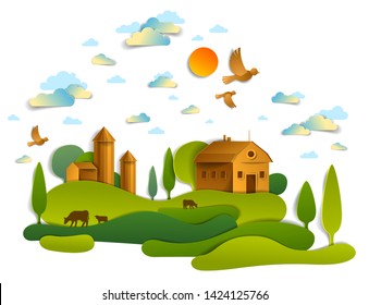 Farm in scenic landscape of fields and trees and wooden country buildings, birds and clouds in the sky, cow milk ranch, countryside lazy summer time vector illustration in paper cut style.
