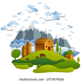 Farm in scenic landscape of fields and trees, mountains peaks and country buildings, clouds in sky, cow milk ranch, countryside lazy summer time vector illustration in paper cut style.    