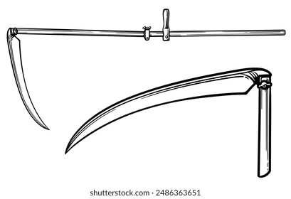 Farm scythe icon. Vector illustration of a scythe.