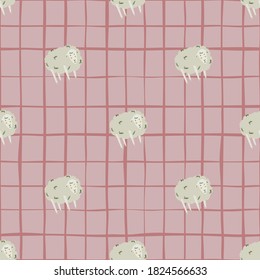 Farm seamless animal pattern with sheep simple elements. Pink pale chequered background. Stylized village cartoon print. Great for fabric design, textile print, wrapping, cover. Vector illustration.