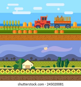 Farm seamless backgrounds. Tractor working in field, hay, harvesting, evening on farm. Vector flat illustrations