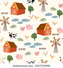 Farm Seamless childish pattern with farm house, pigs, tree and windmill. Creative kids texture for fabric, wrapping, textile, wallpaper, apparel. Vector illustration