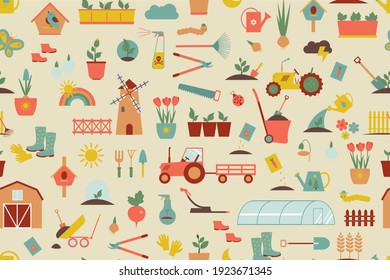 Farm seamless pattern of agriculture. Plants and gardening tools. Plant planting and plant care. Flower business. Agricultural machinery and technology. Plant cultivation, vegetables, birds