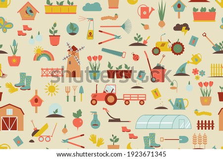 Farm seamless pattern of agriculture. Plants and gardening tools. Plant planting and plant care. Flower business. Agricultural machinery and technology. Plant cultivation, vegetables, birds