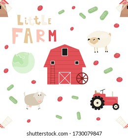 Farm Seamless pattern - Animals and Objects - Mill, Barn, Tractor. Rustic background. Vector Illustration. Print for Wallpaper, Baby Clothes, Wrapping Paper. Don't contain clipping mask and gradient.