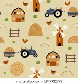 Farm seamless pattern. Background with car tractors and houses. Use for print, wallpaper, kids clothes, fashion. Vector illustration.