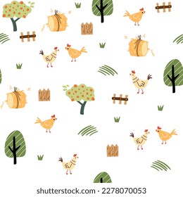 Farm seamless pattern. Chickens, trees, haystack and fences. Domestic animals. Perfect for wrapping paper, fabric, textile, wallpaper, home decor. Flat vector illustration