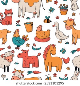 Farm seamless pattern with cute animals and flowers. Countryside textile print, wallpaper, background, digital paper, scrapbooking, packaging, wrapping paper, etc. EPS 10