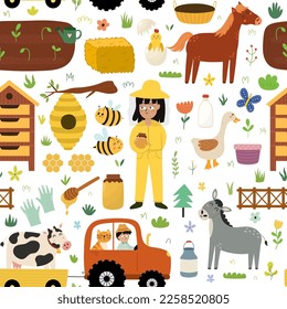 Granja sin fisuras con personajes lindos. Fondo de campo en forma de caricatura para tela y textiles con abejas, apicultor, colmena, caballo, burro. Papel colorido para los niños. Ilustración del vector