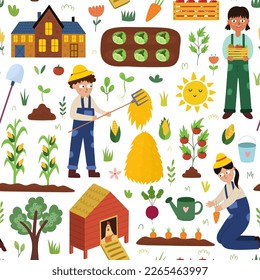 Farm seamless pattern with cute characters. Kids harvesting and making gardening work. Countryside background in cartoon style for fabric and textile with vegetables. Vector illustration