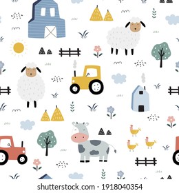 Farm Seamless Pattern Cute Landscape Background With Sheep And Cows Hand Drawn Design In Cartoon Style, Use For Print, Wallpaper, Kids Clothes, Fashion. Vector Illustration